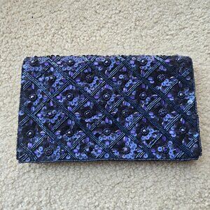 Accessorize hand beaded navy blue purple bead clutch bag
